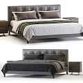 Modern Upholstered Double Bed Design With Striped Bedspread And Wooden Nightstands