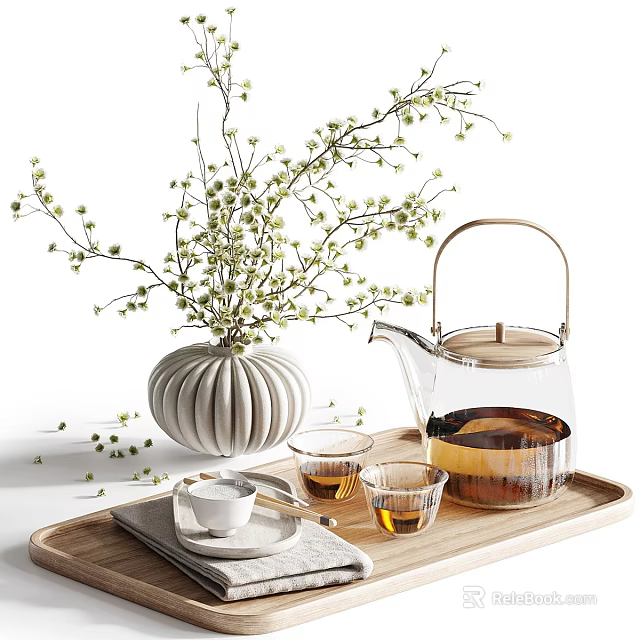 Glass Teapot and Small Teacups with Ceramic Vase and Flowering Branches on Wooden Tray 3d model 