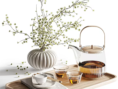 Glass Teapot and Small Teacups with Ceramic Vase and Flowering Branches on Wooden Tray 3d model