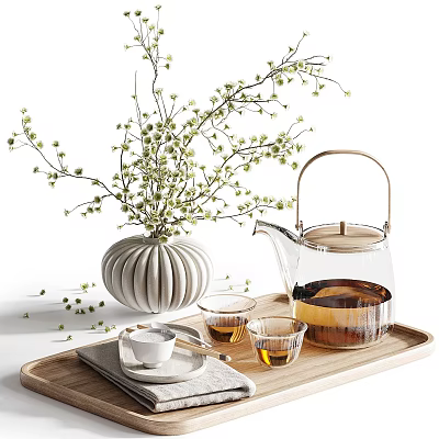 Glass Teapot and Small Teacups with Ceramic Vase and Flowering Branches on Wooden Tray 3d model