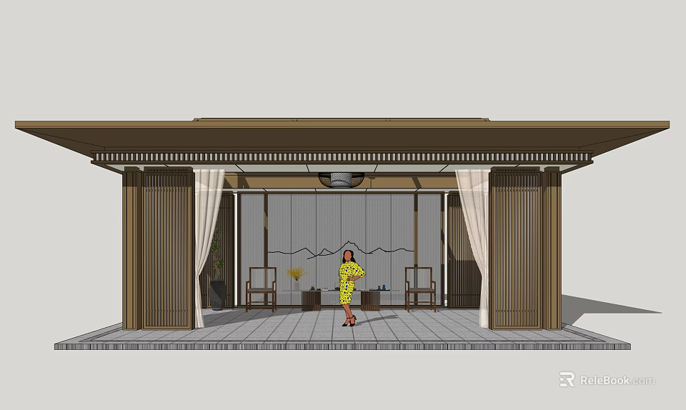 Traditional Chinese Landscape Pavilion With Wooden Columns Drapes Stone Tile Floor And Seats 3d model 