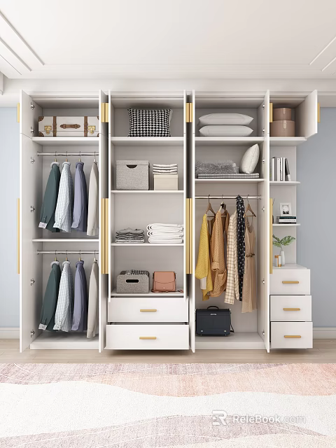 Organized Wardrobe With Hanging Clothes Folded Clothes Storage Boxes Bags And Drawers 3d model 