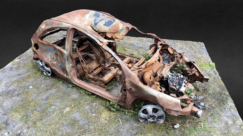Rusted Damaged Car With Broken Parts And Exposed Interior Abandoned On Grassland 3d model 