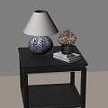 Blue White Leaf Pattern Table Lamp with White Shade on Black Side Table Purple Vase 3d model