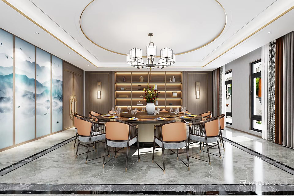 Elegant Modern Restaurant Interior With Round Dining Table Upholstered Chairs And Chandelier 3d model 