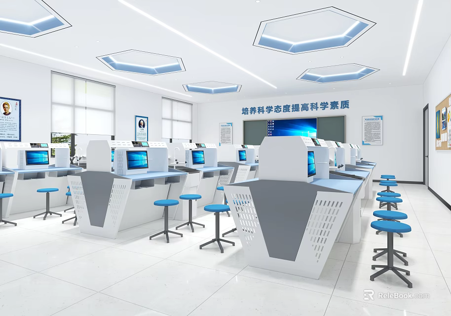 Modern High Tech Laboratory With White Computer Workstations And Blue Stools 3d model 