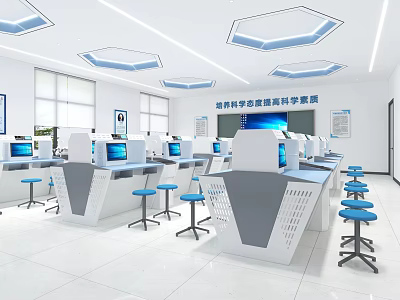 Modern High Tech Laboratory With White Computer Workstations And Blue Stools 3d model