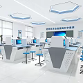 Modern High Tech Laboratory With White Computer Workstations And Blue Stools 3d model