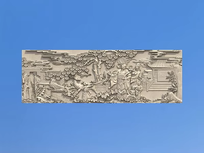 Traditional Chinese Relief Carving Decorative Panel with Figures Buildings and Trees 3d model