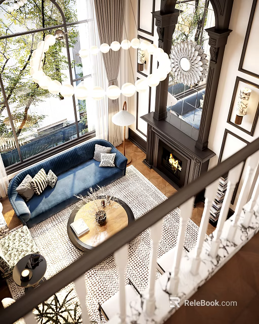 Duplex Living Room With Blue Sofa Fireplace Round Chandelier Large Windows And Coffee Table 3d model 