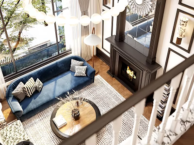Duplex Living Room With Blue Sofa Fireplace Round Chandelier Large Windows And Coffee Table 3d model
