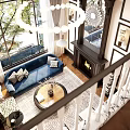 Duplex Living Room With Blue Sofa Fireplace Round Chandelier Large Windows And Coffee Table