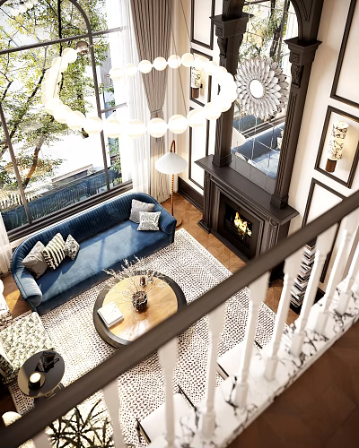 Duplex Living Room With Blue Sofa Fireplace Round Chandelier Large Windows And Coffee Table 3d model