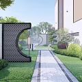 Karesansui Garden In Modern Courtyard With Stone Pathway Small Ponds Green Plants And Lighting