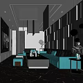 Modern KTV Lounge Interior Design With Blue Sofas Black Tables Mirrored Walls And Lighting