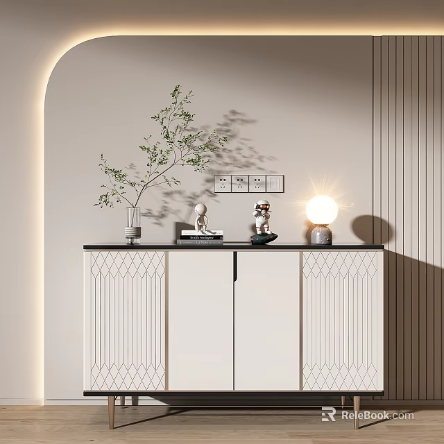 Modern White Entryway Console Cabinet With Linear Design And Green Plant Vase Table Lamp Decor 3d model 