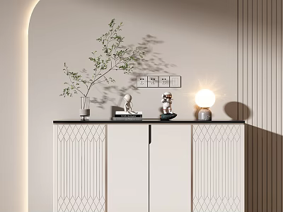 Modern White Entryway Console Cabinet With Linear Design And Green Plant Vase Table Lamp Decor 3d model