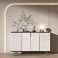Modern White Entryway Console Cabinet With Linear Design And Green Plant Vase Table Lamp Decor