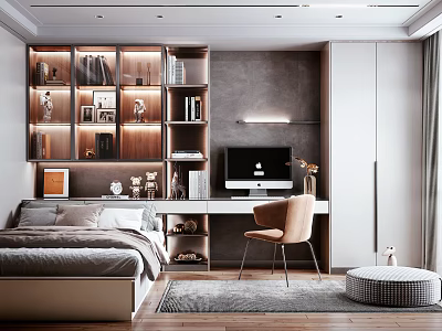 Modern Tatami Bedroom Interior With Built in Bookshelves Study Desk Cozy Chair and Storage Cabinets 3d model