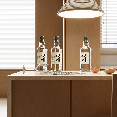 Elegant Bottles and Glassware Arrangement on Wooden Countertop with Natural Light and Lemon Slices 3d model