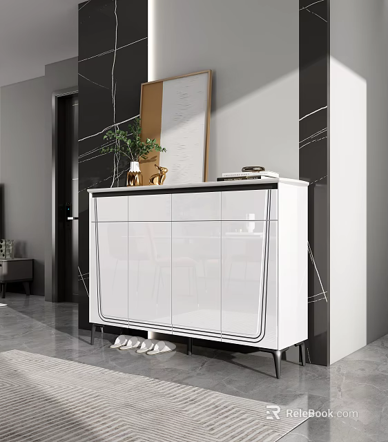 Modern White Shoe Cabinet In Entryway With Decorative Plant Vase And Slippers 3d model 