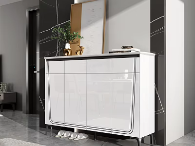 Modern White Shoe Cabinet In Entryway With Decorative Plant Vase And Slippers 3d model