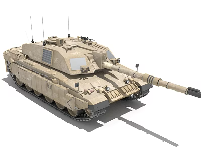Modern Armored Sand Colored Military Tank With Long Cannon Tracks And Antennas 3d model