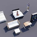 Double Bed With Sofa Coffee Table And Bookshelf In Room Interior Setup 3d model