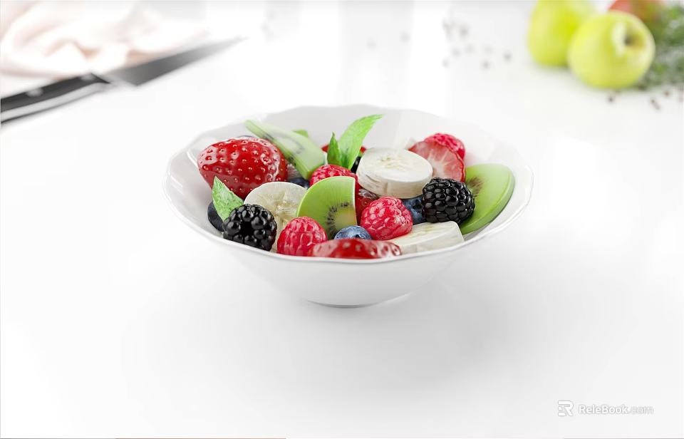 Fresh Mixed Fruits in White Bowl with Strawberries Blackberries Raspberries Kiwi and Green Leaves 3d model 