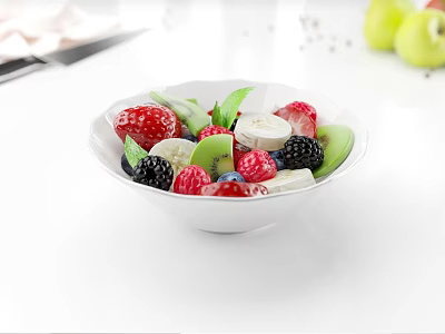 Fresh Mixed Fruits in White Bowl with Strawberries Blackberries Raspberries Kiwi and Green Leaves 3d model