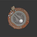 Rusty Industrial Circular Platform With Metal Pipes Mechanical Arm And Support Columns