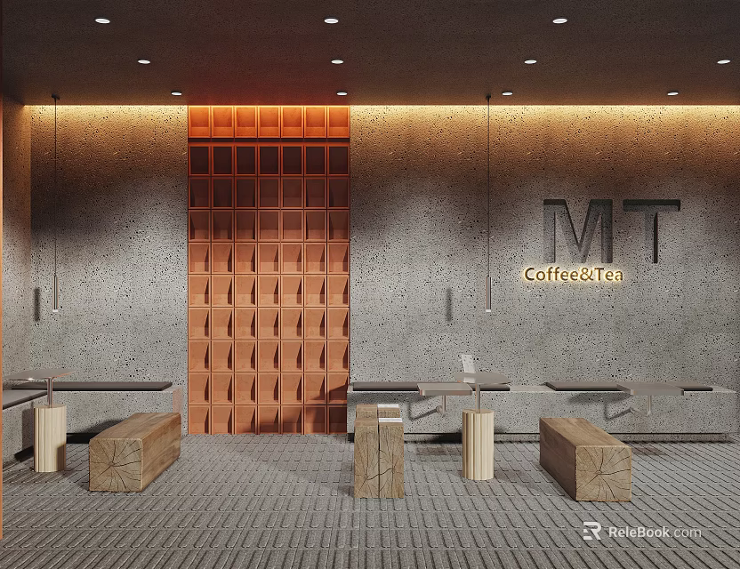 Modern Café Interior Design with MT CoffeeTea Sign Wooden Grid Wall Hanging Lights and Benches 3d model 