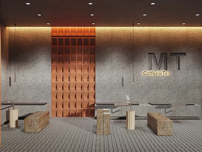 Modern Café Interior Design with MT CoffeeTea Sign Wooden Grid Wall Hanging Lights and Benches 3d model