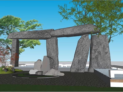 Garden Landscape Design With Stone Arch Pillars And Lush Green Trees 3d model