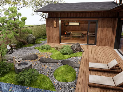 Japanese Courtyard Garden With Wooden House Stone Path Fire Pit And Loungers 3d model