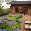 Japanese Courtyard Garden With Wooden House Stone Path Fire Pit And Loungers