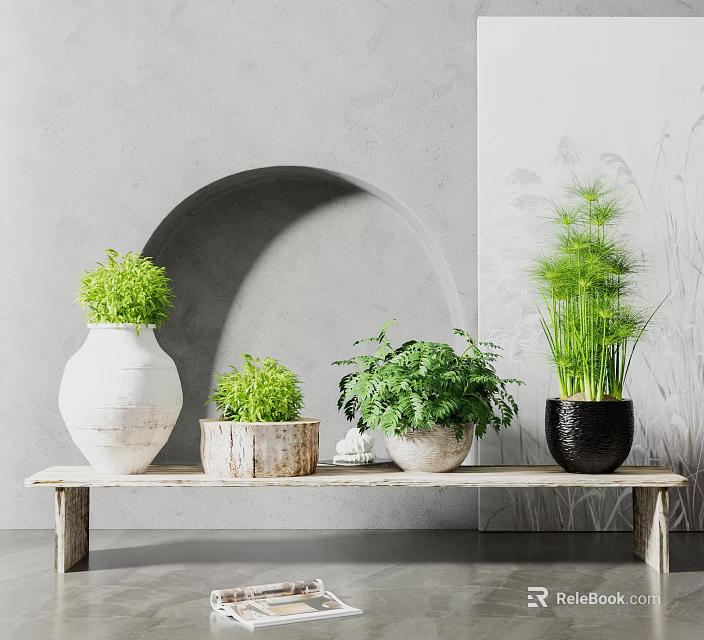 Elegant Bonsai and Potted Plants on Wooden Bench with Ceramic and Wooden Planters 3d model 