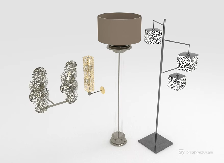 Modern Lighting Combination with Brown Shade Floor Lamp Silver Wall Sconce and Square Shades 3d model 
