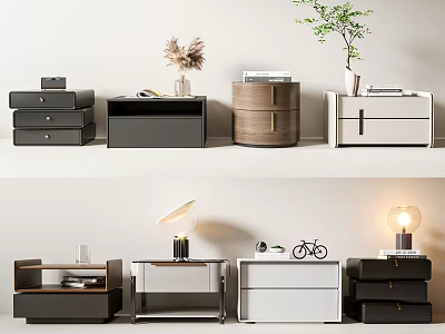 Modern Stylish Nightstands In Different Colors With Various Designs Materials And Decorative Lamps Books 3d model