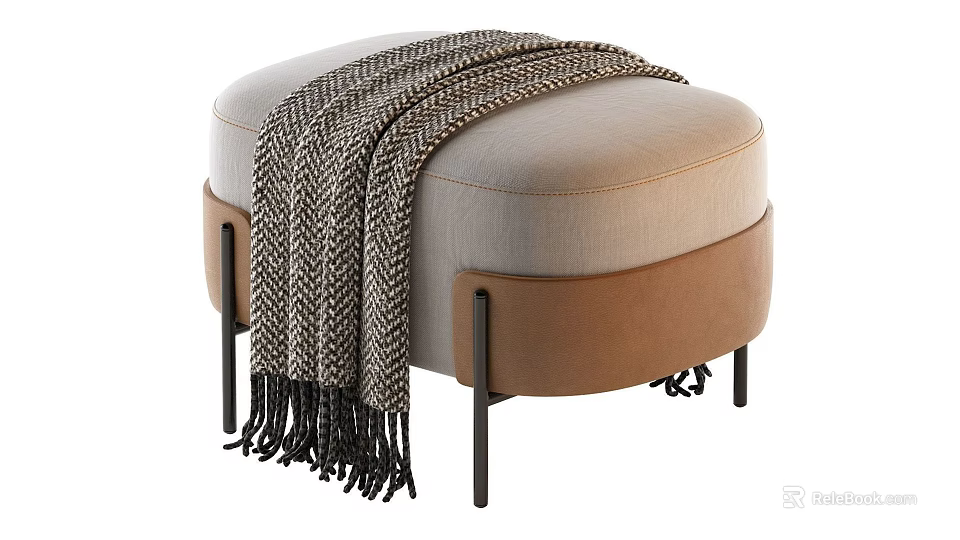 Beige And Brown Upholstered Ottoman With Woven Blanket And Black Metal Legs 3d model 