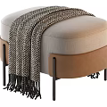 Beige And Brown Upholstered Ottoman With Woven Blanket And Black Metal Legs