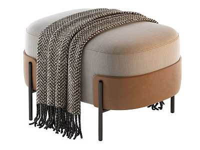 Beige And Brown Upholstered Ottoman With Woven Blanket And Black Metal Legs 3d model