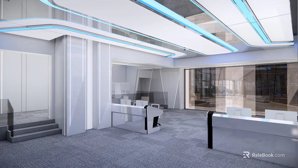 Modern Monitoring Room Interior With Control Desks Monitor Screens And LED Lighting 3d model 