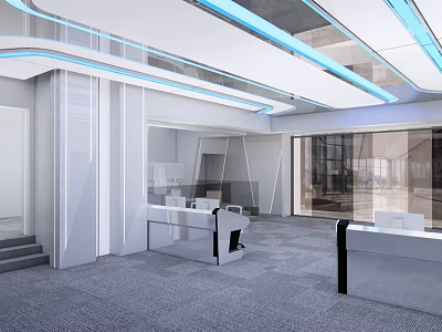 Modern Monitoring Room Interior With Control Desks Monitor Screens And LED Lighting 3d model