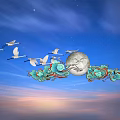 Elegant Landscape Sculpture With Moon Shape Cloud Patterns And Flying Birds 3d model
