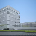 Modern Curved Office Building With Glass Windows Multiple Floors Surrounding Greenery And Open Plaza