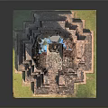 Ancient Architectural Structure with Multiple Tiered Stone Steps and Blue Elements on Green Grass Base