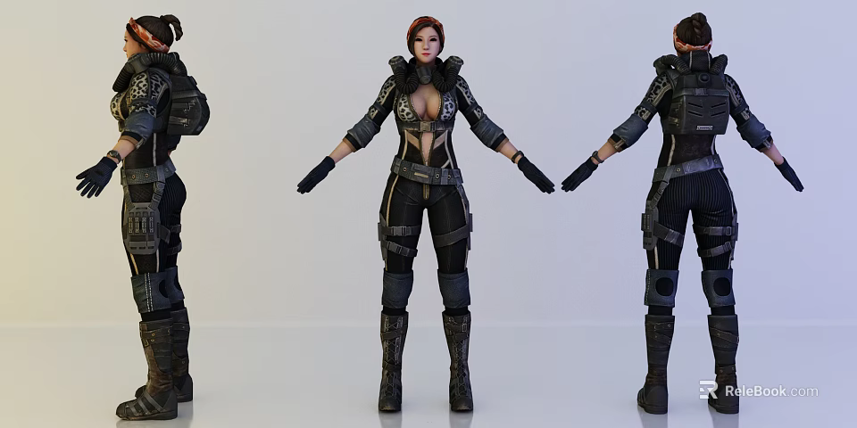 Three Quarter View Female Game Character In Combat Tactical Armor Gloves And Boots 3d model 
