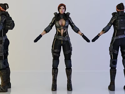 Three Quarter View Female Game Character In Combat Tactical Armor Gloves And Boots 3d model