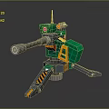 Green Mechanical Automatic Turret Weapon With Tripod Barrel Warning Stripes And Red Indicator Light 3d model